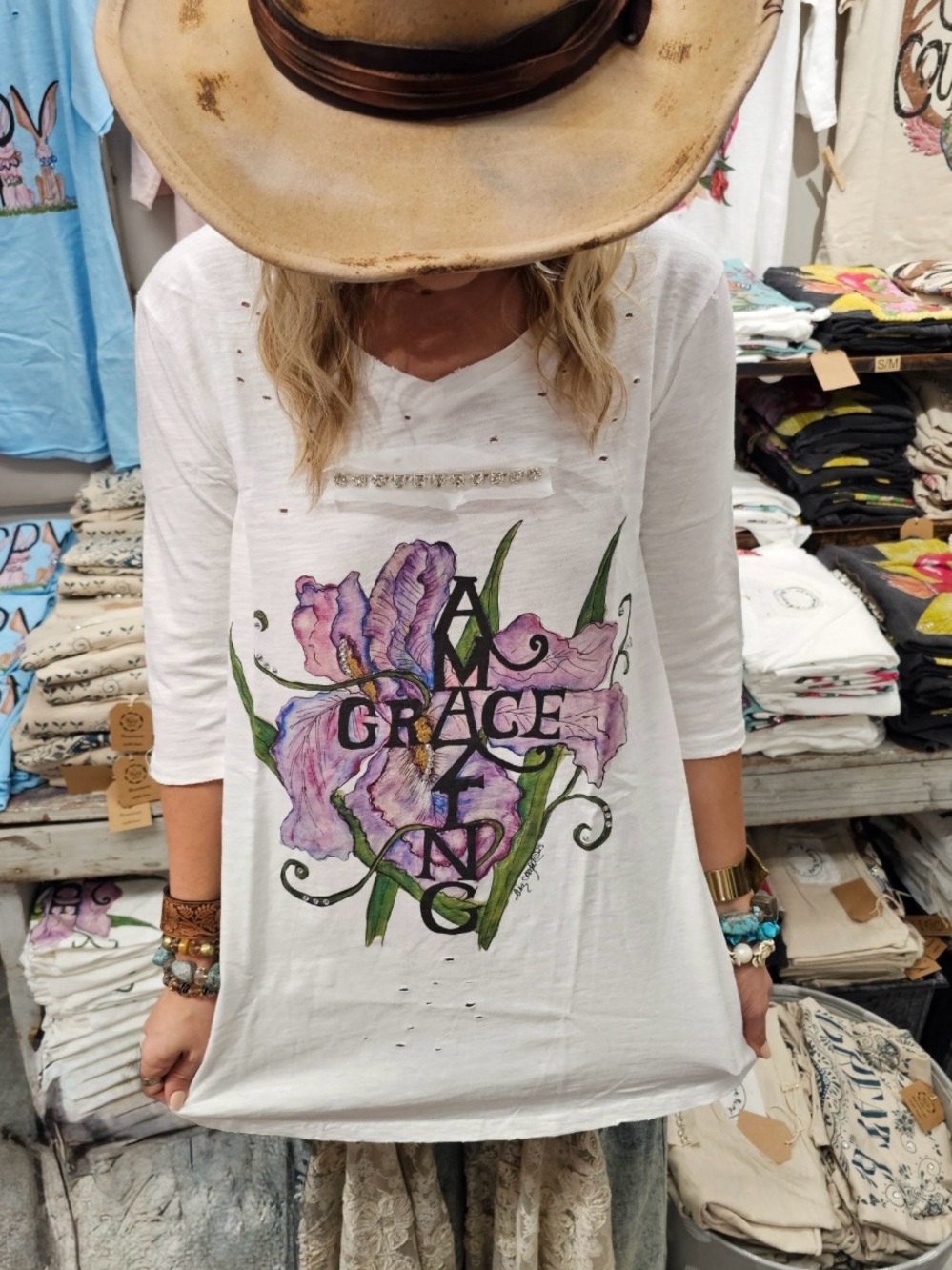 A Rare Bird Boutique Top "Amazing Grace" Rhinestone Distressed Tee Small